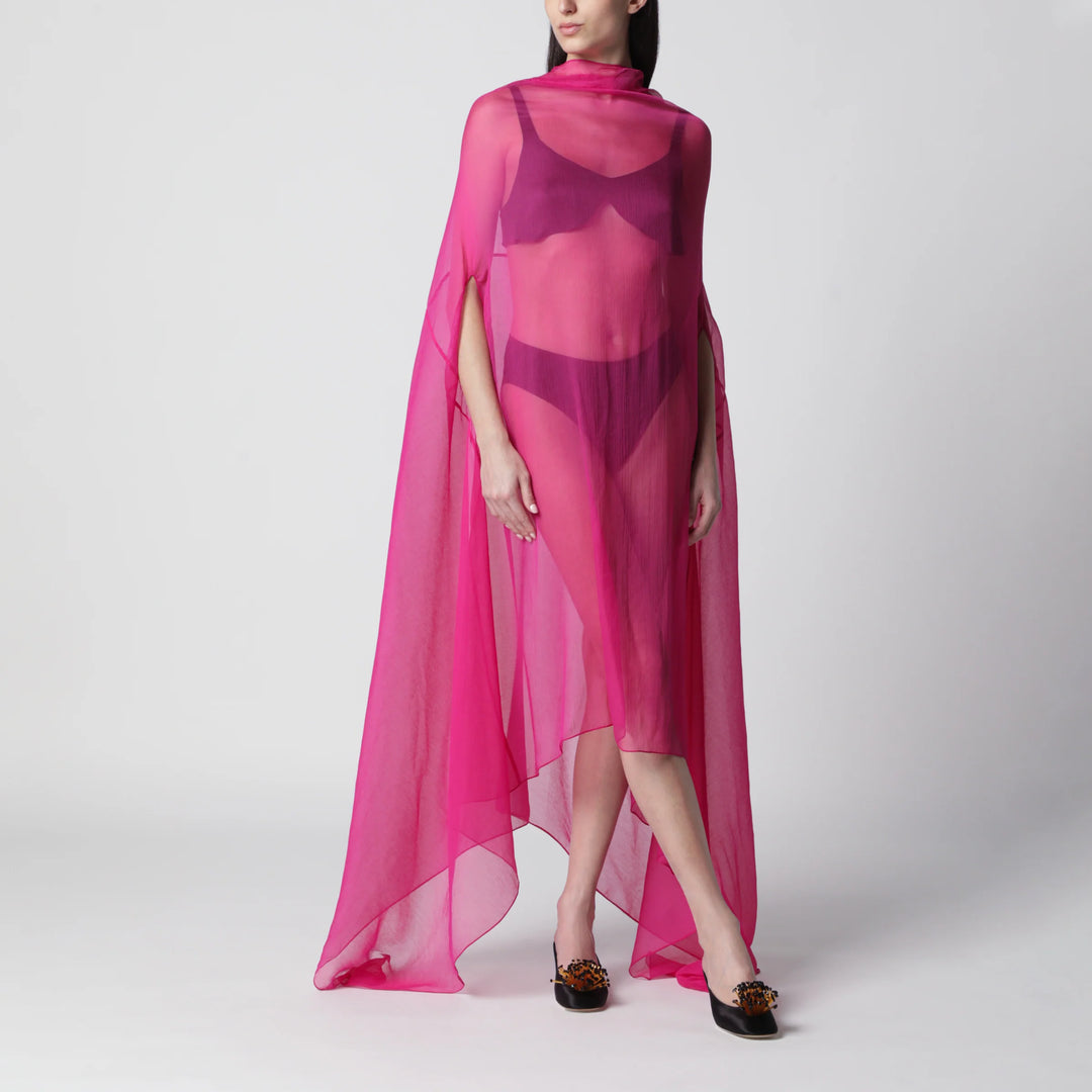 Dries Van Noten - Wide Cape Dress Fuchsia in Sheer Silk