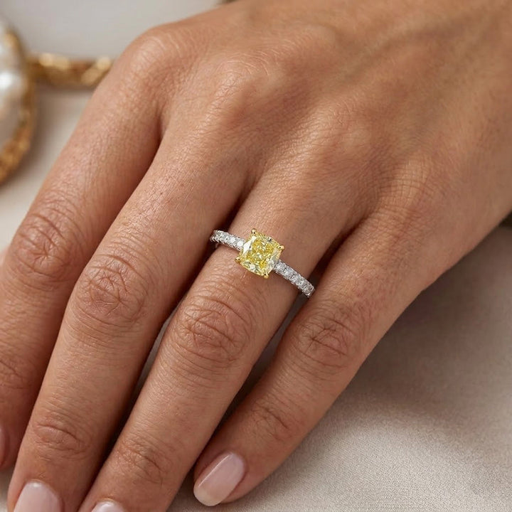 Leibish Fancy Yellow Cushion &amp; Pave Diamond Ring