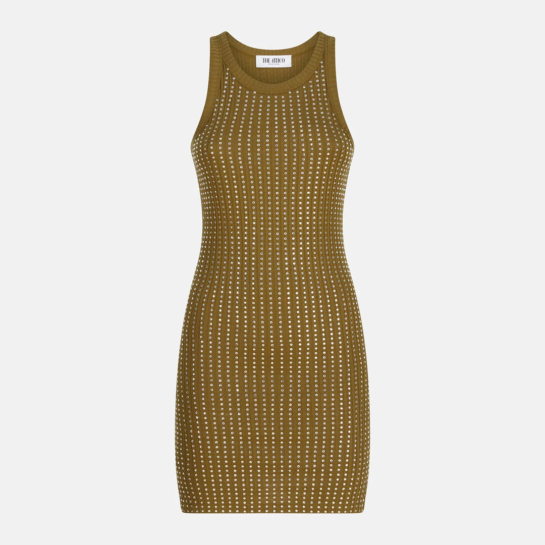 The Attico - Military green mini dress with rhinestones