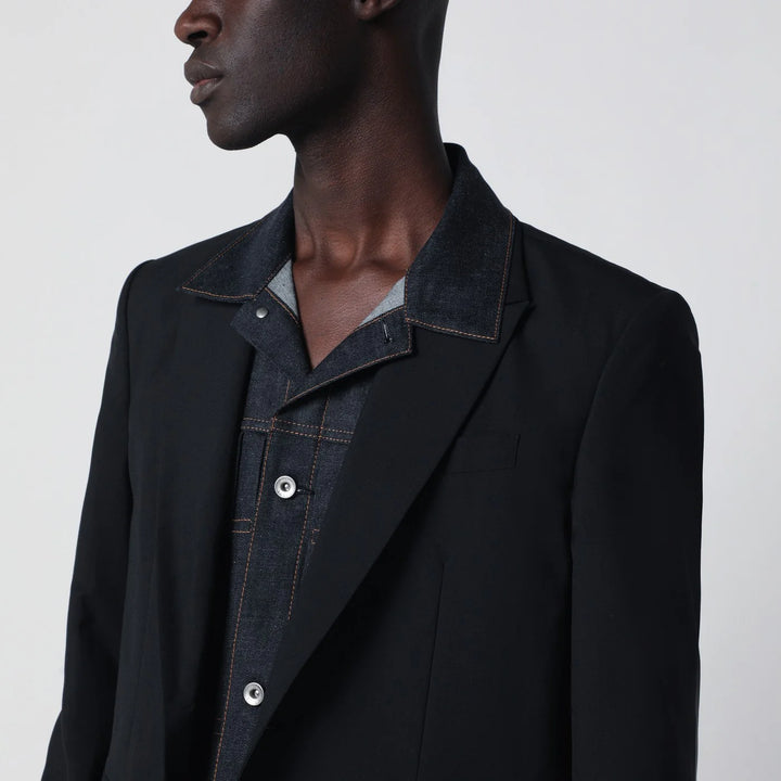 Sacai - Black single-breasted jacket with denim insert