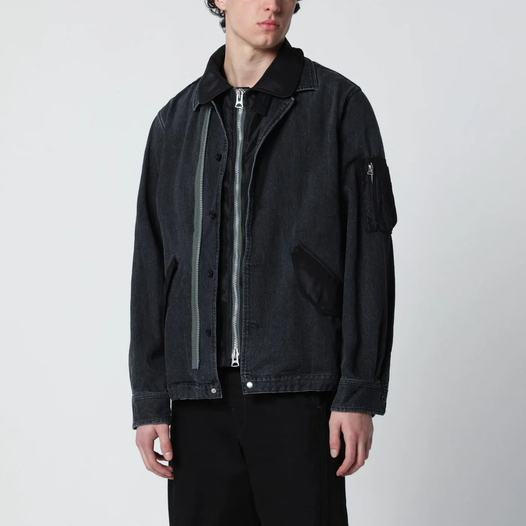 Sacai - Black denim jacket with nylon inserts