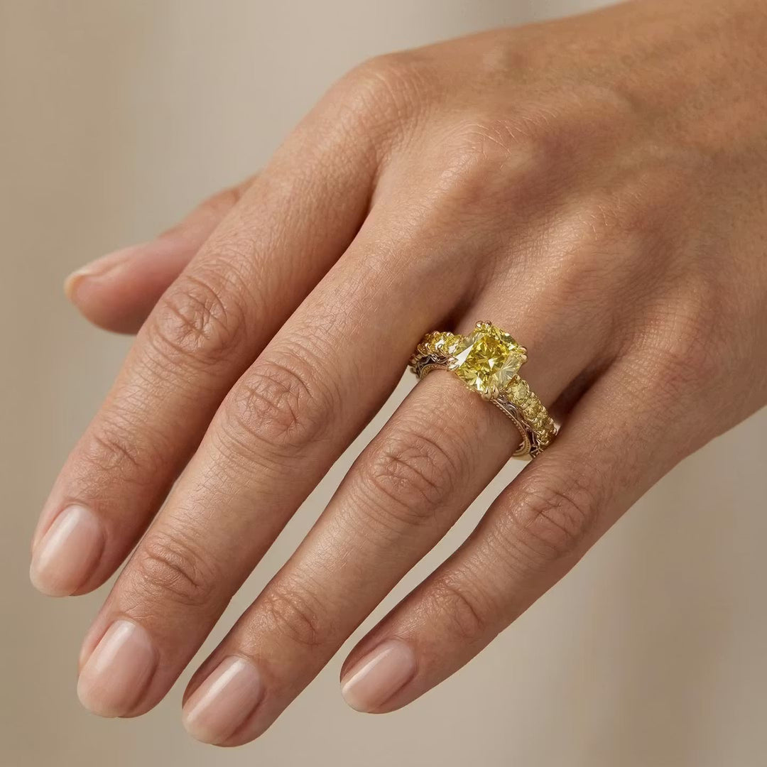 Leibish Fancy Deep Brownish Yellow Cushion Side-stone Ring