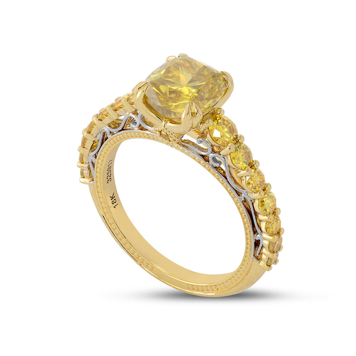 Leibish Fancy Deep Brownish Yellow Cushion Side-stone Ring