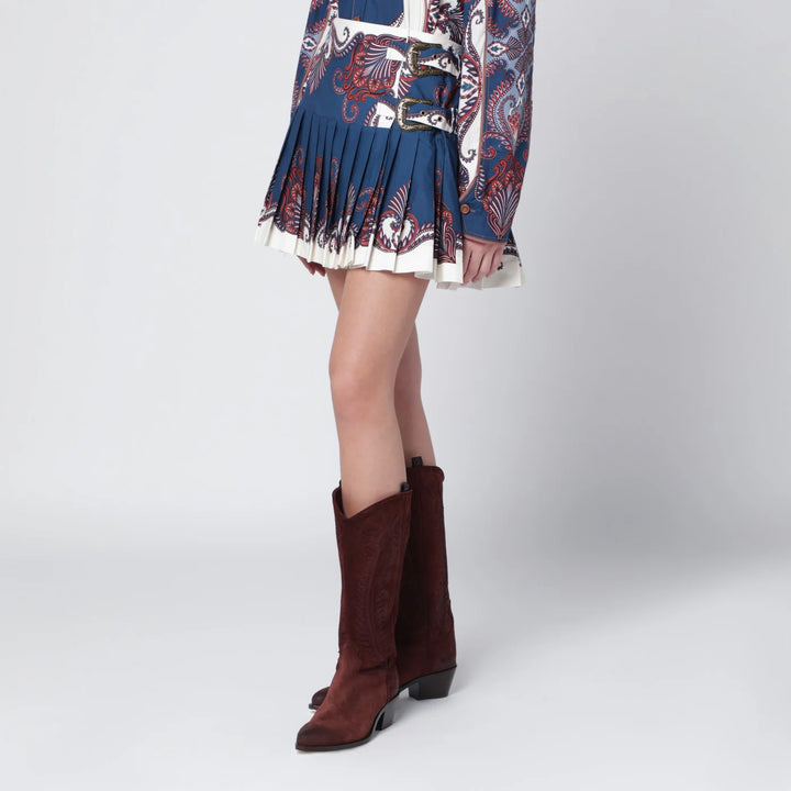 FARM Rio - Deep blue and sand pleated mini skirt with arabesque print