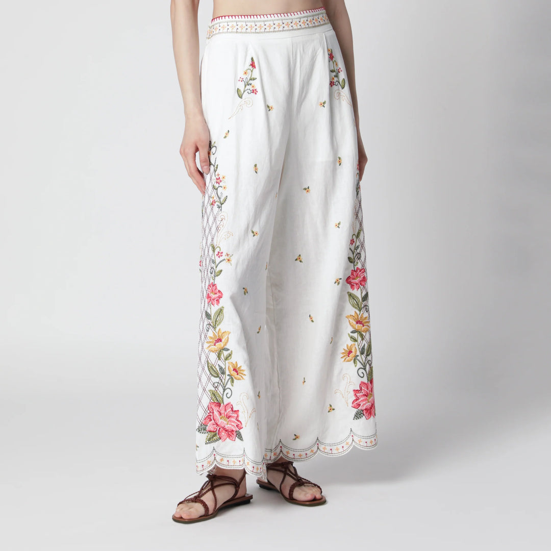 FARM Rio - Linen-blend trousers with floral embroidery