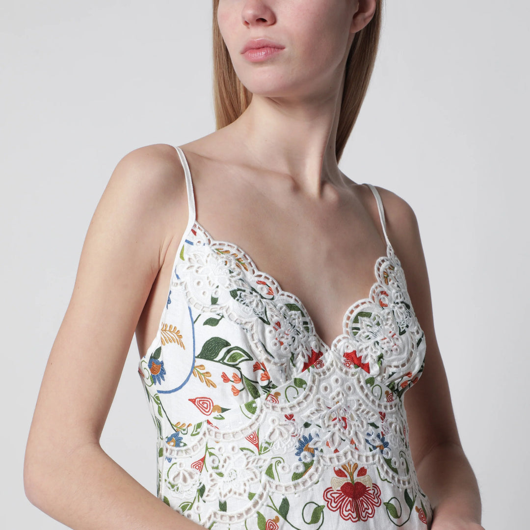 FARM Rio - White midi dress in linen with garden motif