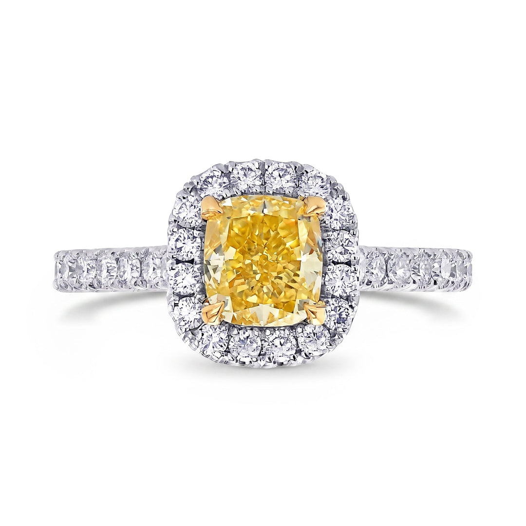 Leibish Fancy Vivid Yellow Cushion Diamond Halo Ring