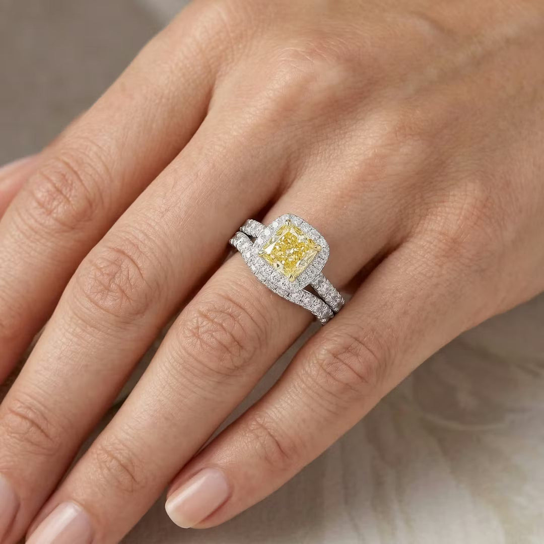Leibish Fancy Light Yellow Cushion Halo Diamond Ring Set