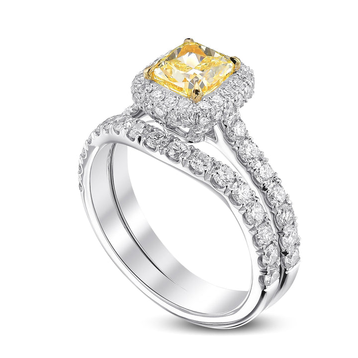 Leibish Fancy Light Yellow Cushion Halo Diamond Ring Set