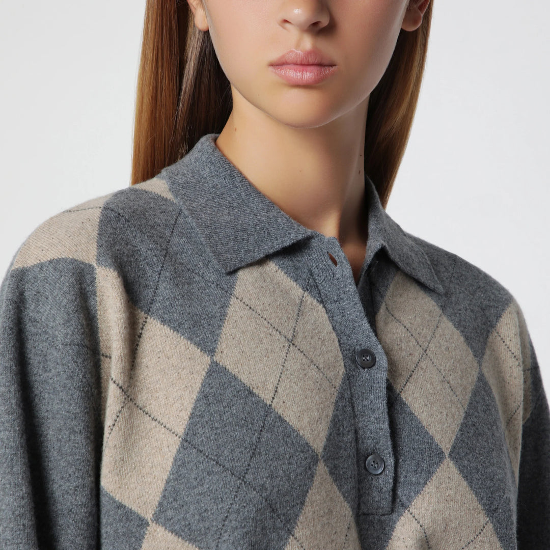 Róhe - Grey polo with beige Argyle pattern in wool blend