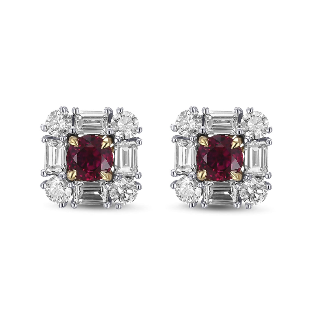 Leibish Extraordinary Round Red Ruby and Diamond Halo Stud Earrings