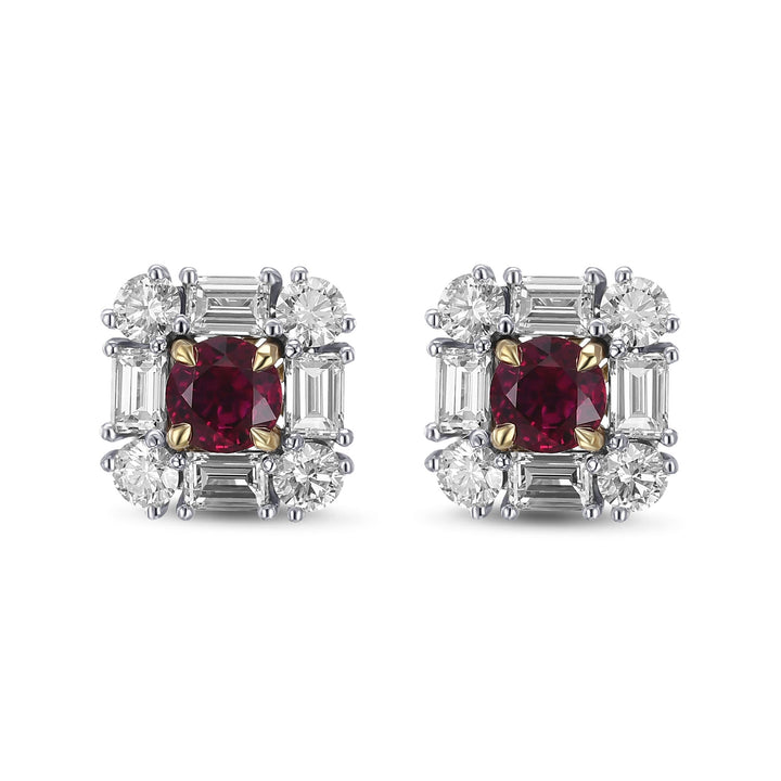 Leibish Extraordinary Round Red Ruby and Diamond Halo Stud Earrings