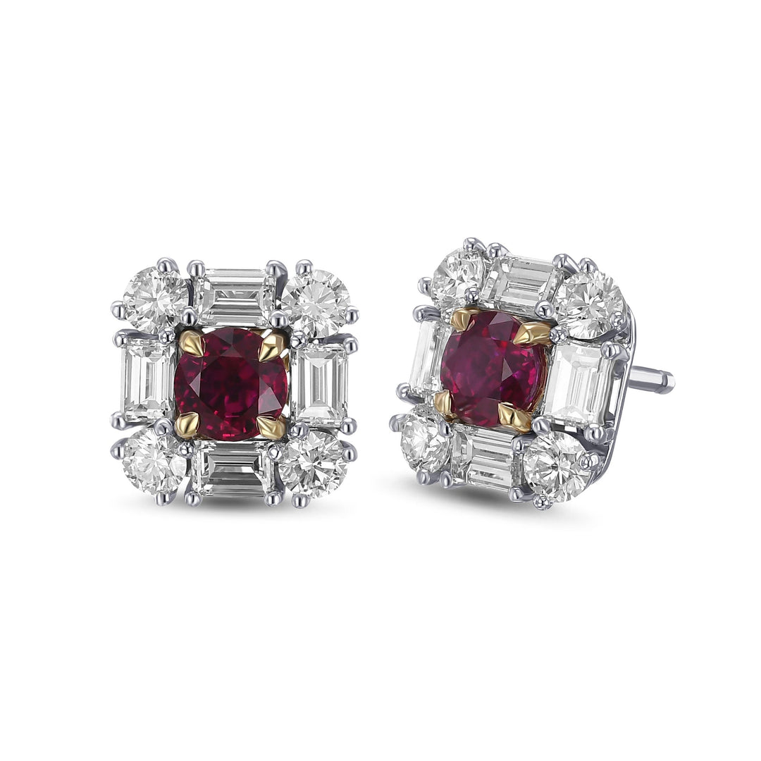 Leibish Extraordinary Round Red Ruby and Diamond Halo Stud Earrings