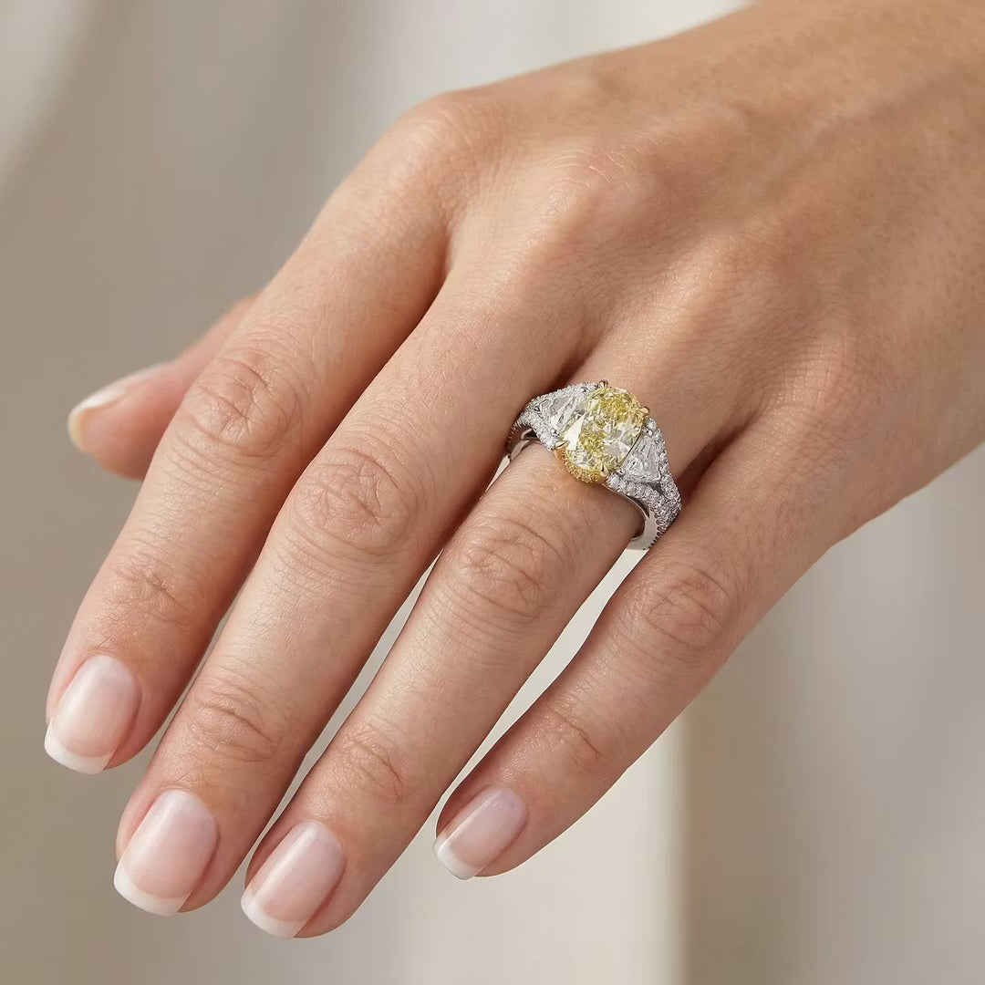 Leibish Light Yellow Oval 3 Stone Diamond Ring