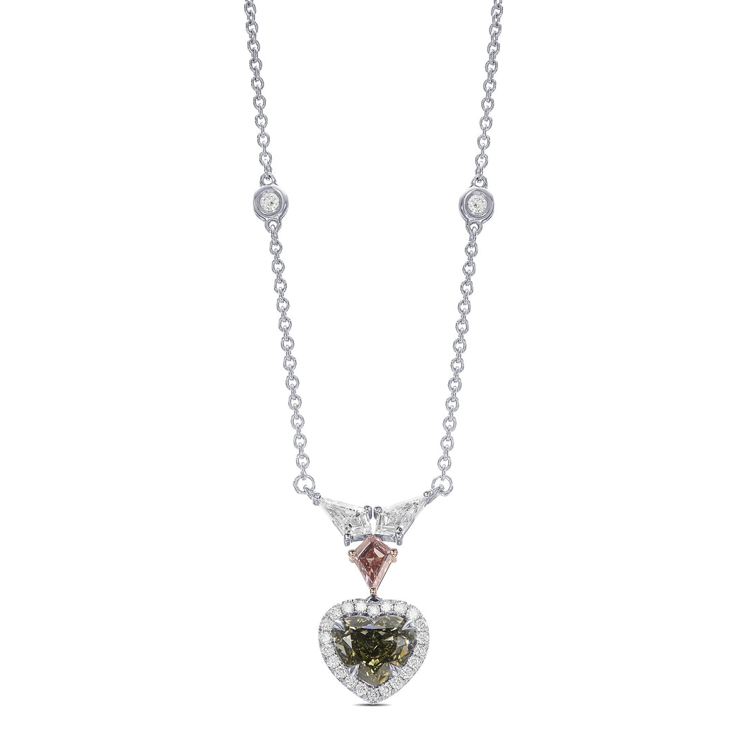 Leibish Chameleon Heart and Kite Diamond Halo Drop Pendant