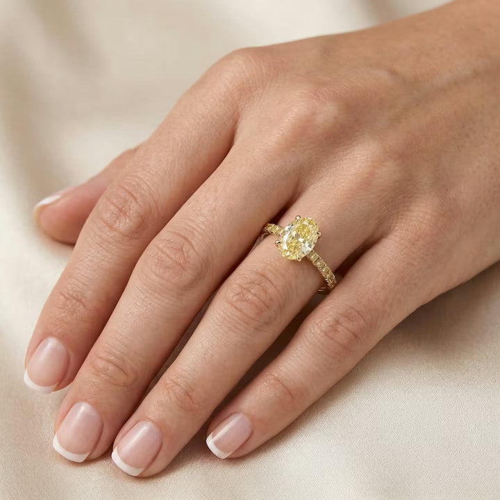 Leibish Light Yellow Oval Diamond Side Stones Ring