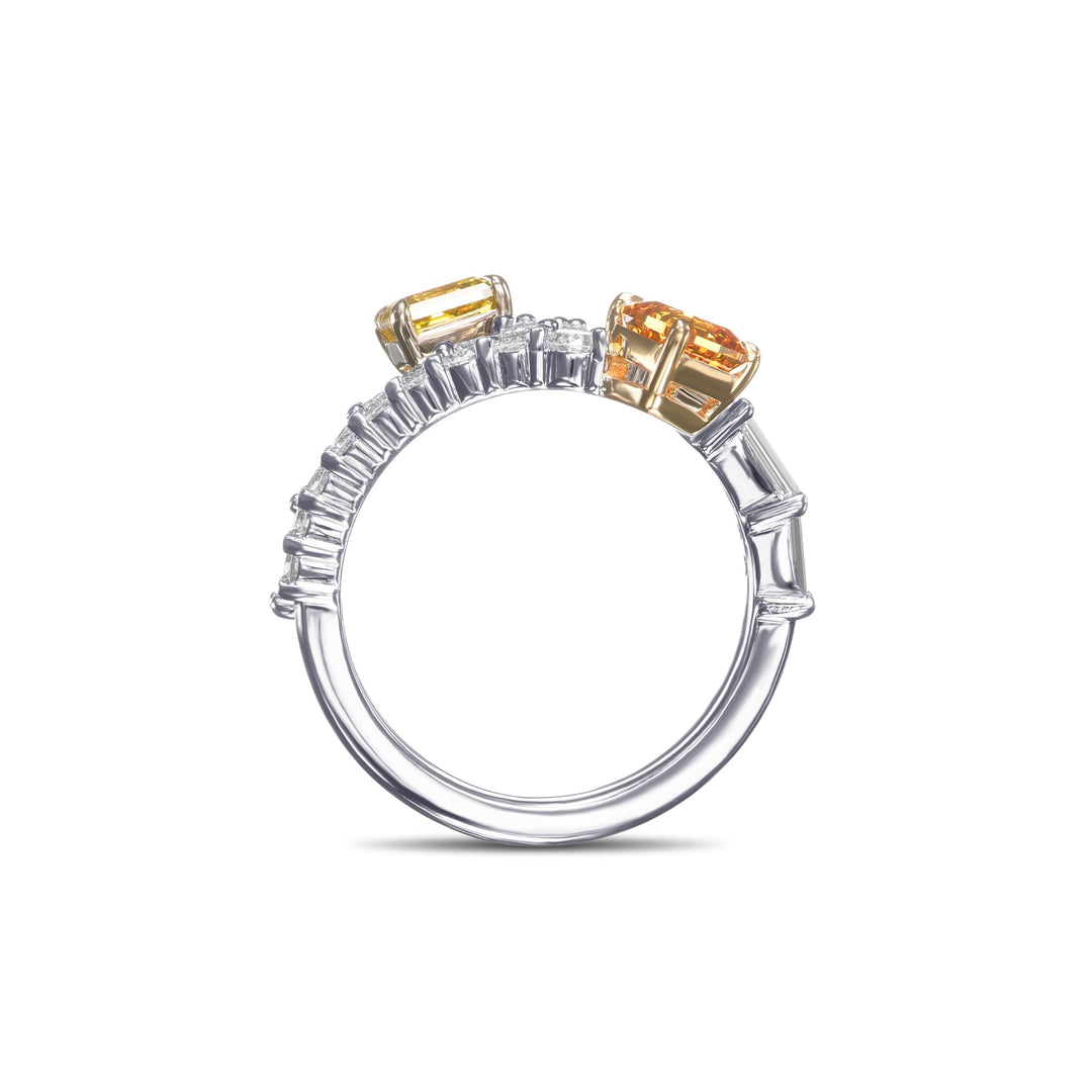 Leibish Mix Color Two-stone Crossover Diamond Ring