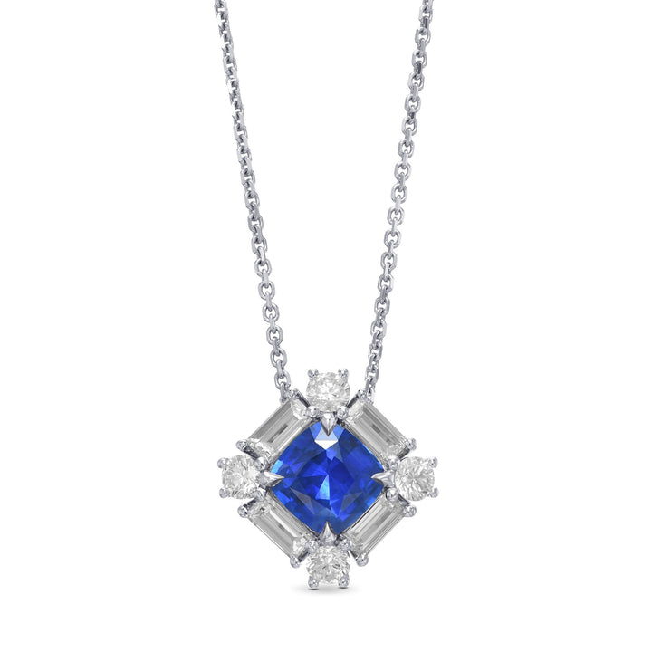 Leibish Cushion Blue Sapphire and Baguette Diamond Halo Pendant