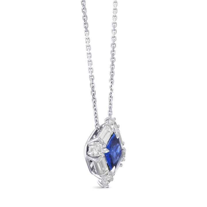 Leibish Cushion Blue Sapphire and Baguette Diamond Halo Pendant