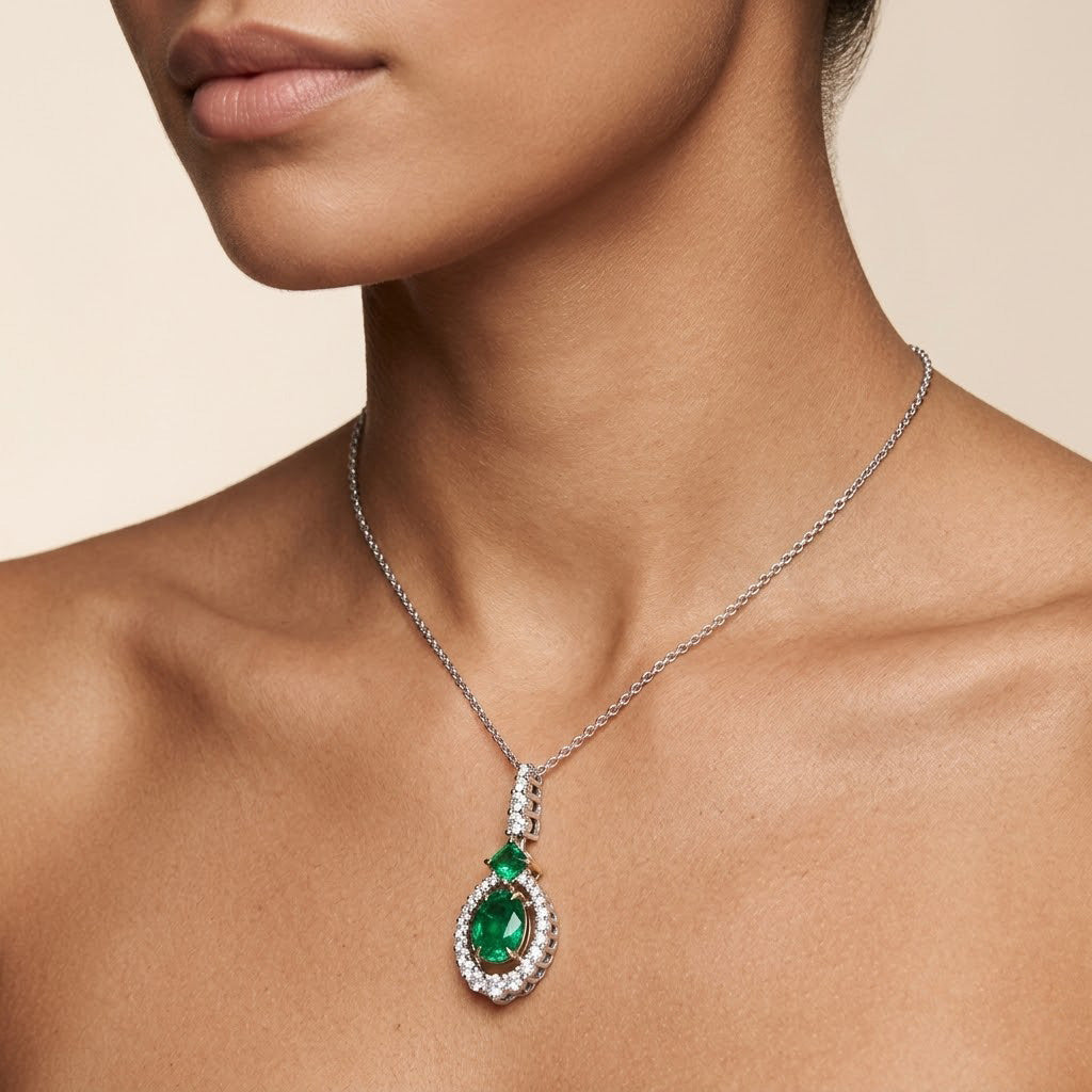 Leibish Oval Muzo Emerald and Diamond Halo Pendant