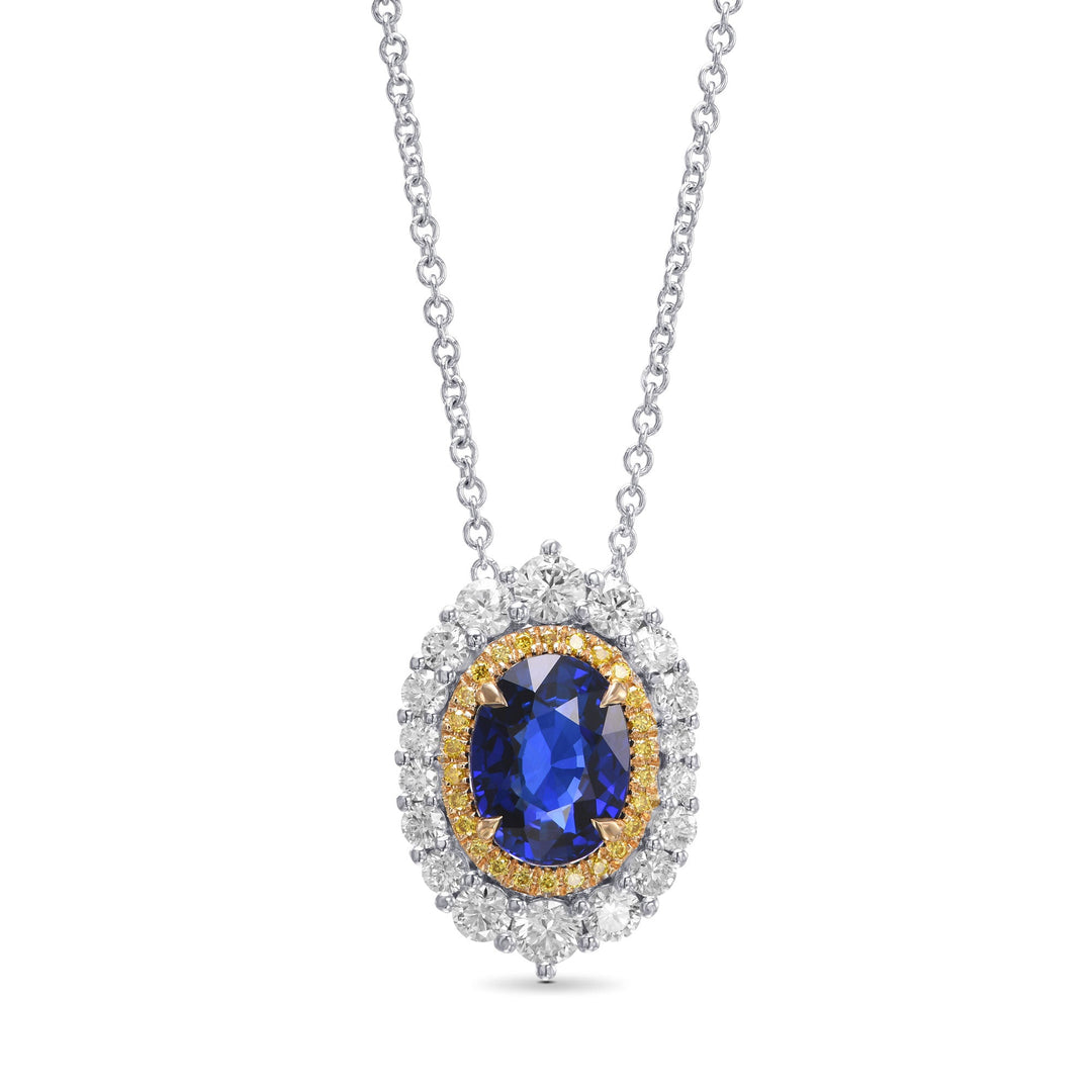 Leibish Royal Blue Oval Sapphire and Diamond Double Halo Pendant