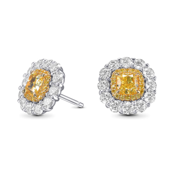 Leibish Fancy Intense Yellow Cushion Double Halo Diamond Earrings