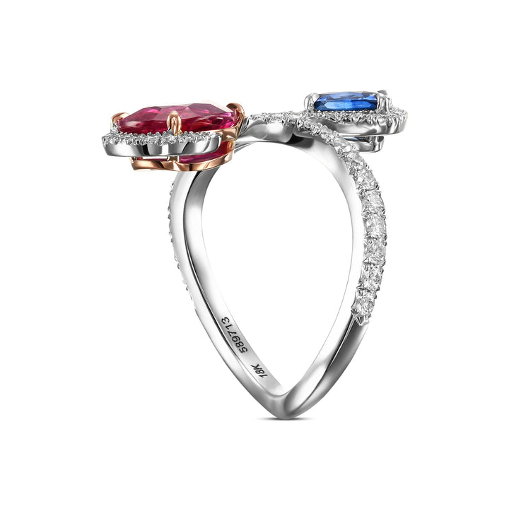 Leibish Ruby, Blue Sapphire and Diamond Two-stone Crossover Ring