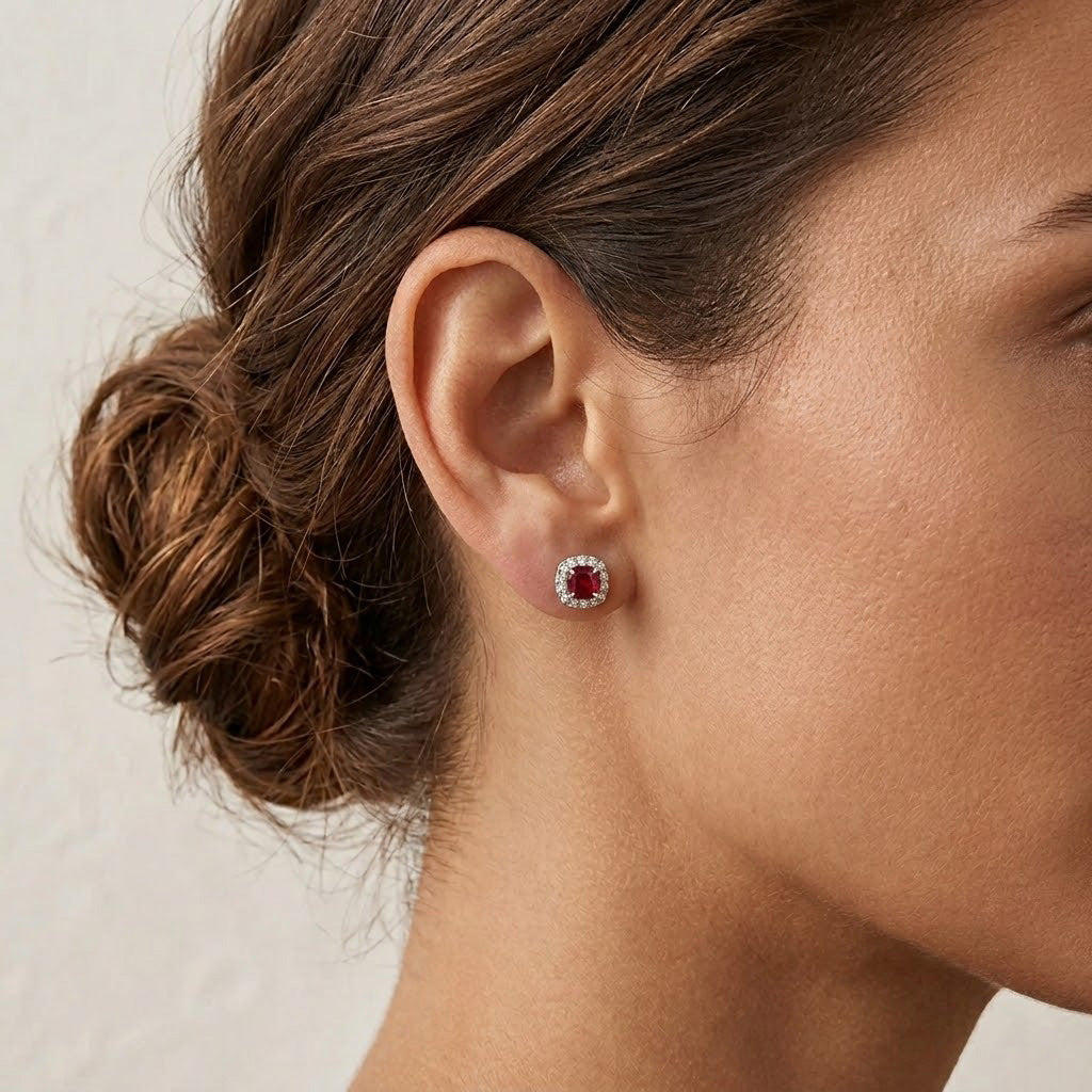 Leibish Cushion Ruby and Diamond Halo Earrings