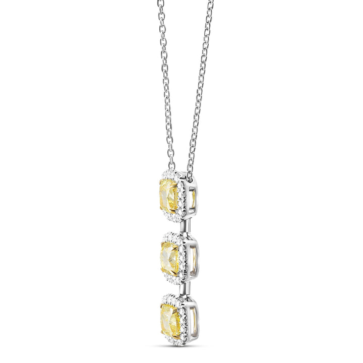 Leibish Fancy Intense Yellow Cushion 3 Stone Diamond Drop Halo Pendant
