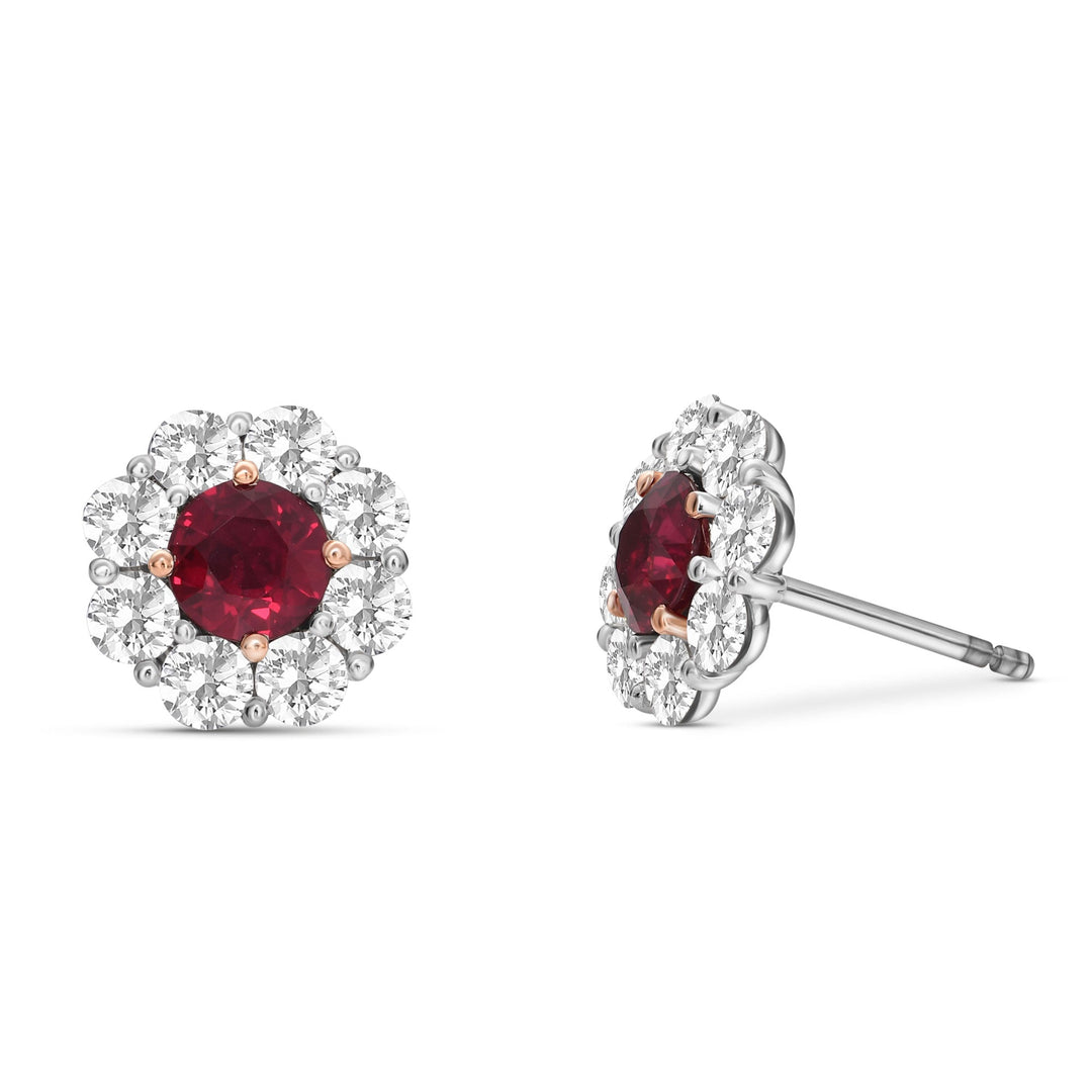 Leibish Mozambique Pigeon Blood Ruby &amp; Diamond Floral Halo Earrings