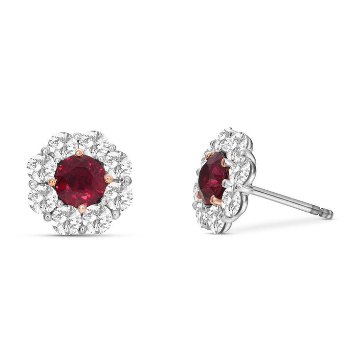 Leibish Mozambique Pigeon Blood Ruby &amp; Diamond Floral Halo Earrings