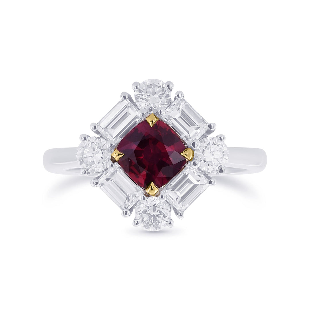 Leibish Cushion Red Ruby and Diamond Halo Ring