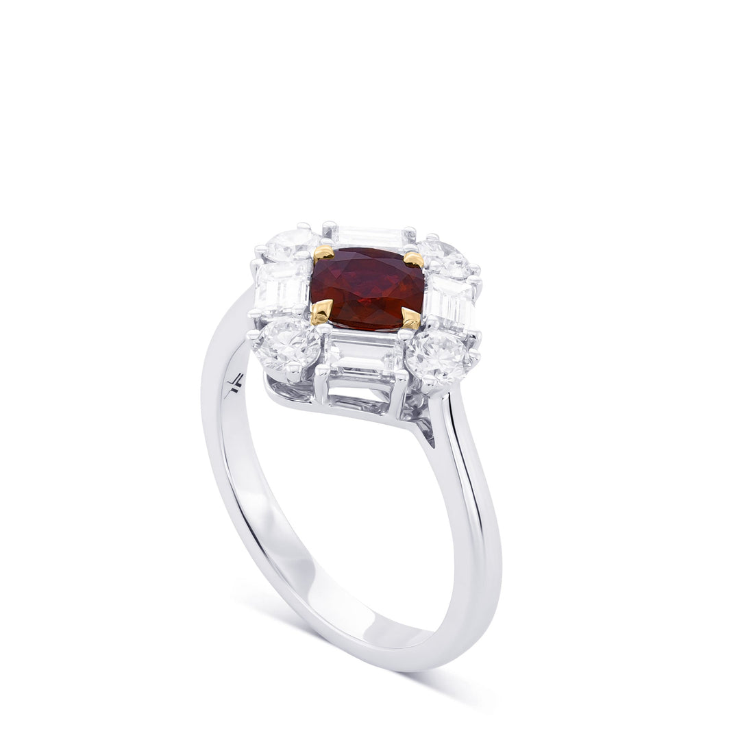 Leibish Cushion Red Ruby and Diamond Halo Ring
