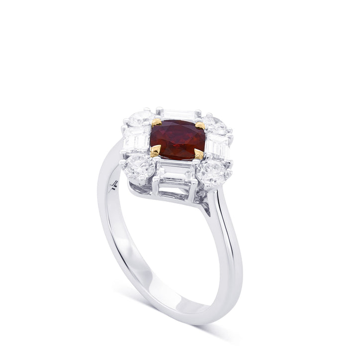 Leibish Cushion Red Ruby and Diamond Halo Ring