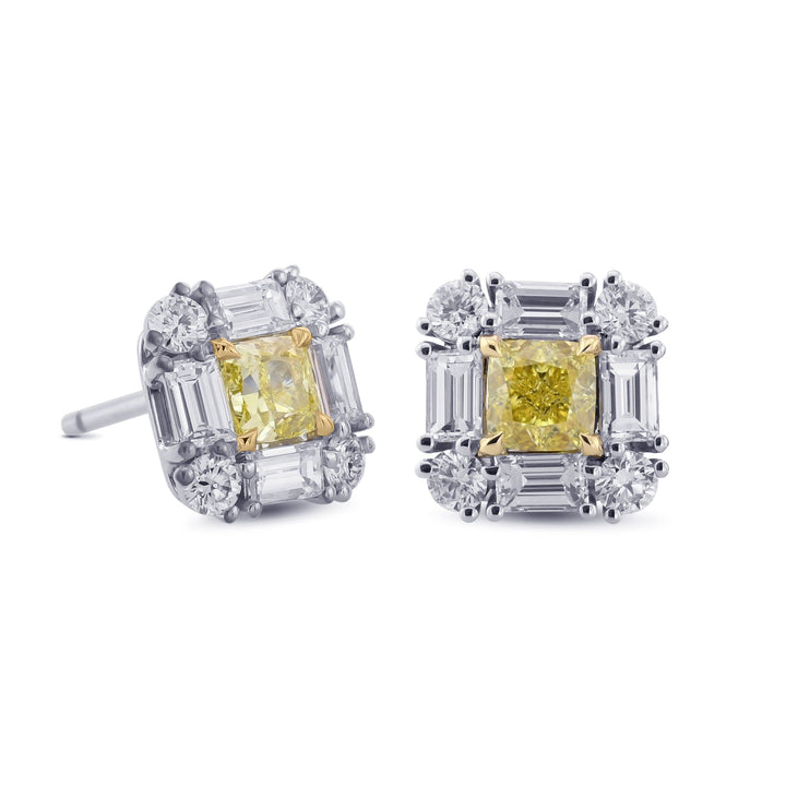 Leibish Extraordinary Cushion Fancy Intense Yellow Diamond Halo Stud Earrings