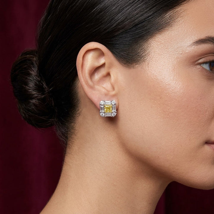 Leibish Extraordinary Cushion Fancy Intense Yellow Diamond Halo Stud Earrings