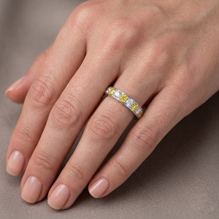 Leibish Fancy Vivid Orange Yellow and White Round Diamond Band Ring