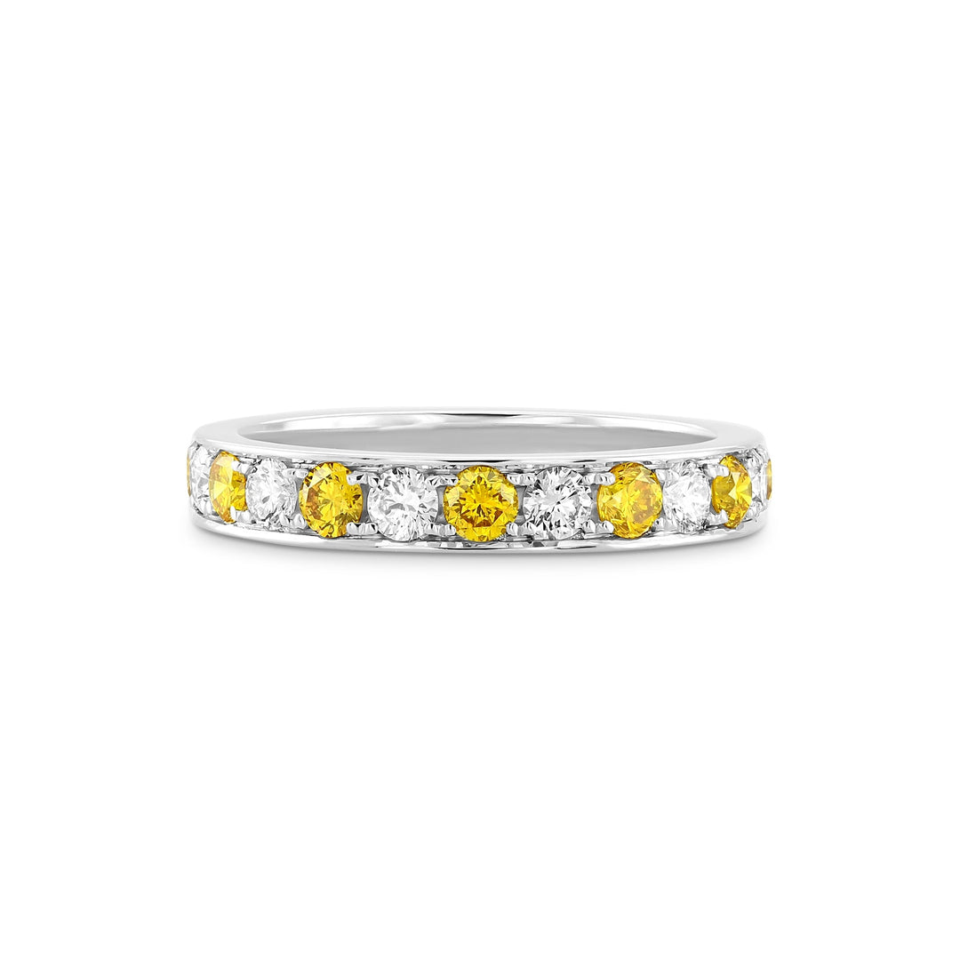 Leibish Fancy Vivid Orange Yellow and White Round Diamond Band Ring