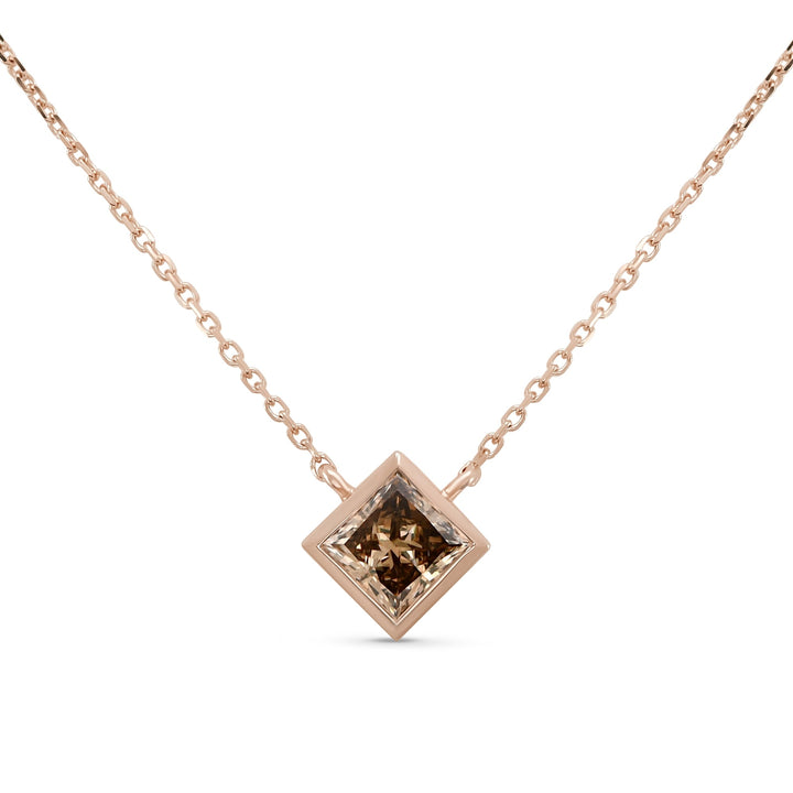 Leibish Fancy Yellow Brown Princess Bezel Solitaire Diamond Pendant