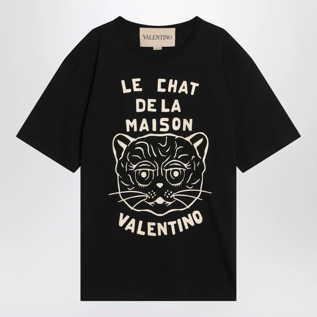 Valentino - Black T-shirt with Le Chat de la Maison print Brand Shirts &amp; Tops L