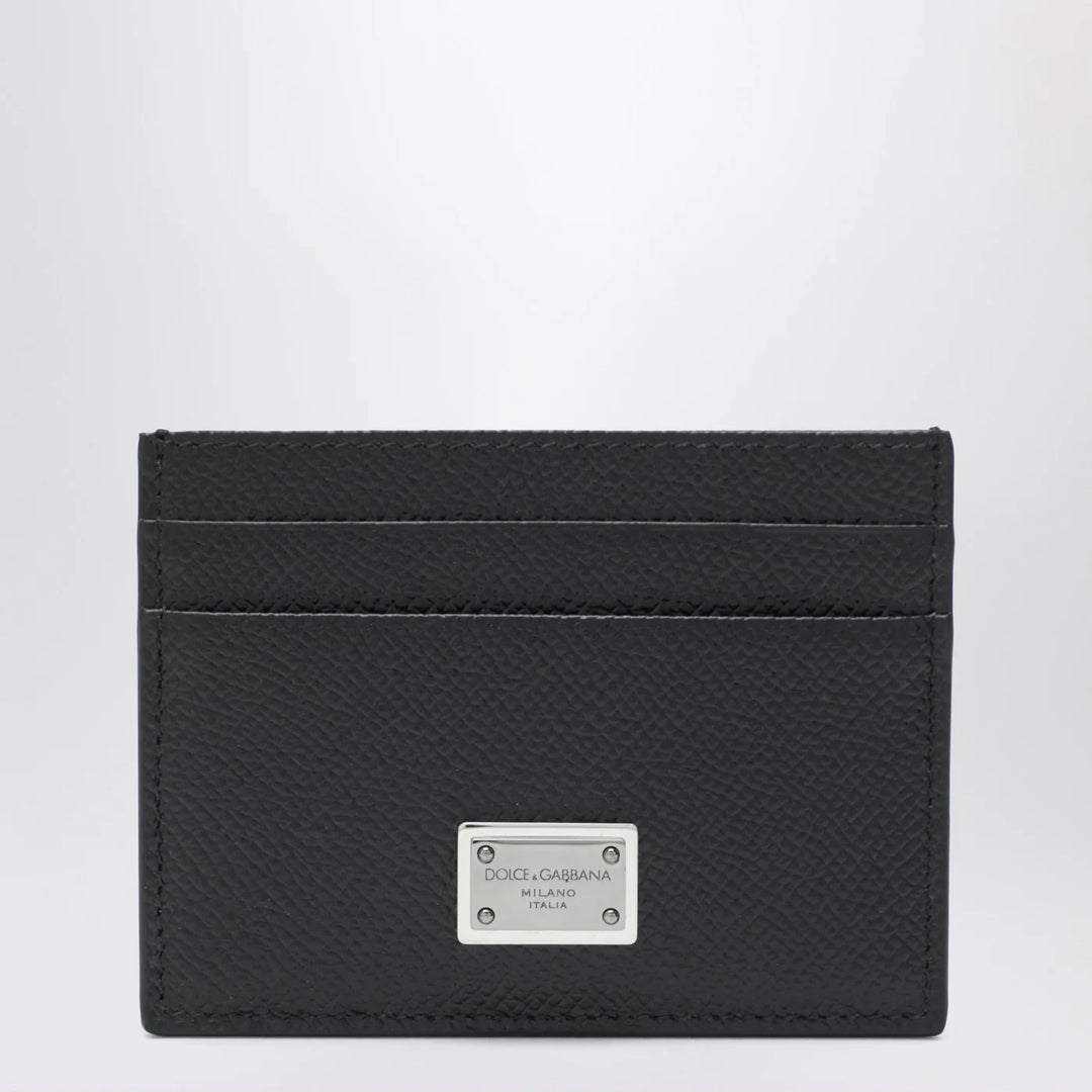 Dolce&amp;Gabbana - Black dauphine leather card holder with logo plaque