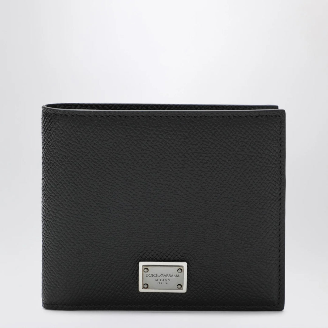 Dolce&amp;Gabbana - Black dauphine leather wallet with logo plaque