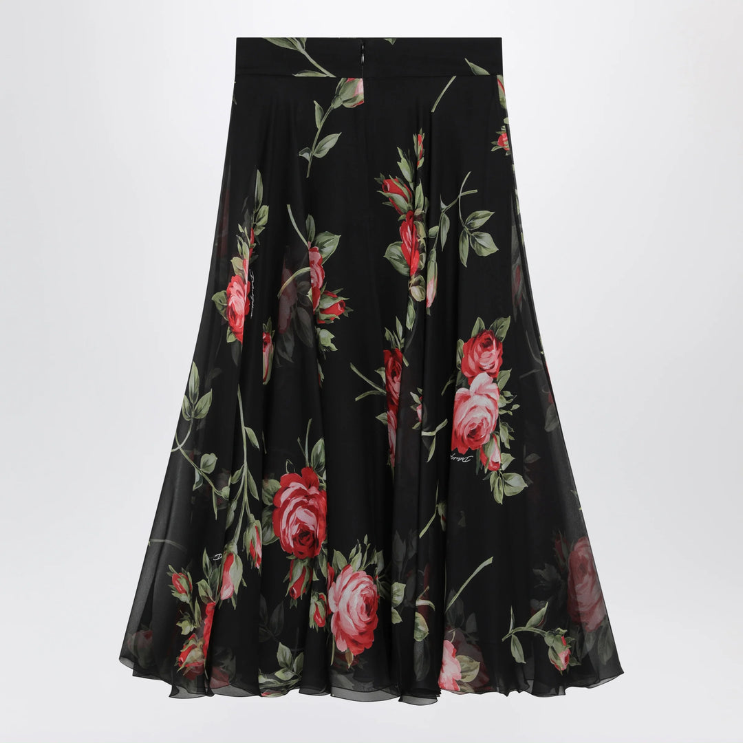 Dolce&amp;Gabbana - Chiffon circle skirt with bouquet rose print, black