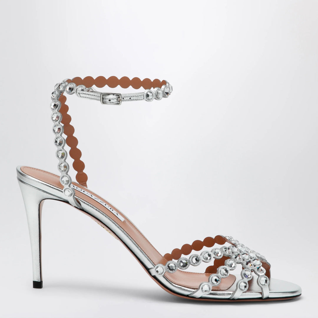Aquazzura - Tequila silver sandals in metallic leather with crystals