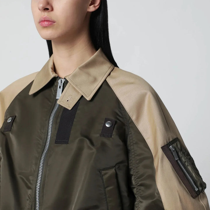 Sacai - Khaki green/beige nylon zip jacket Brand Apparel &amp; Accessories > Clothing > Outerwear > Coats &amp; Jackets