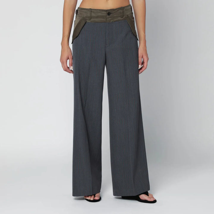 Sacai - Grey/khaki pinstripe bi-material trousers Brand Apparel &amp; Accessories > Clothing > Pants