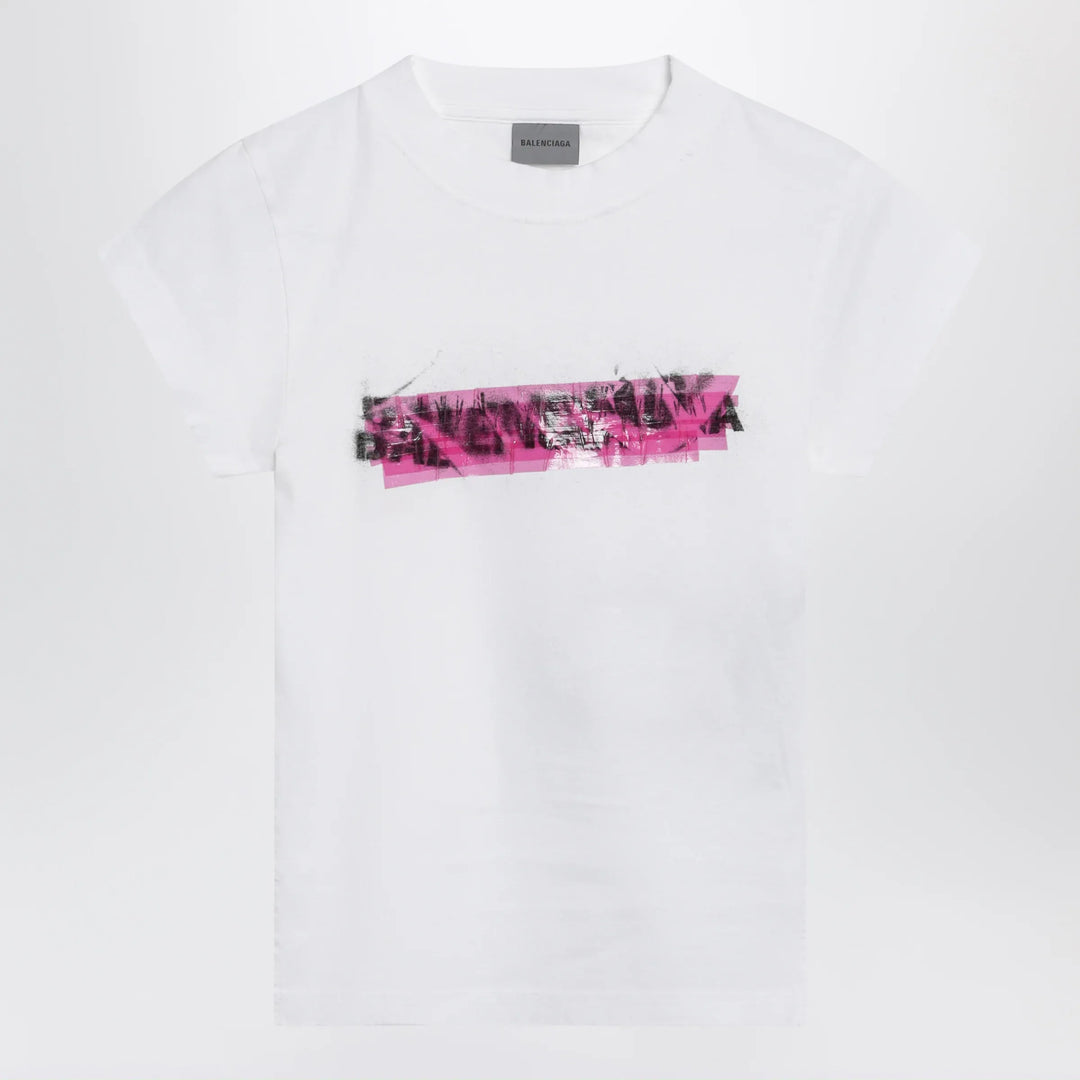 Balenciaga - Messy Spray T-shirt with cut-out back in white cotton Brand Apparel &amp; Accessories > Clothing > Shirts &amp; Tops XS
