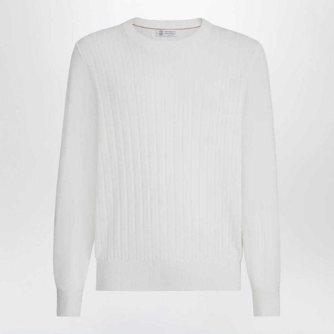 Brunello Cucinelli - White ribbed cotton sweater Brand Apparel &amp; Accessories > Clothing > Shirts &amp; Tops 48 IT