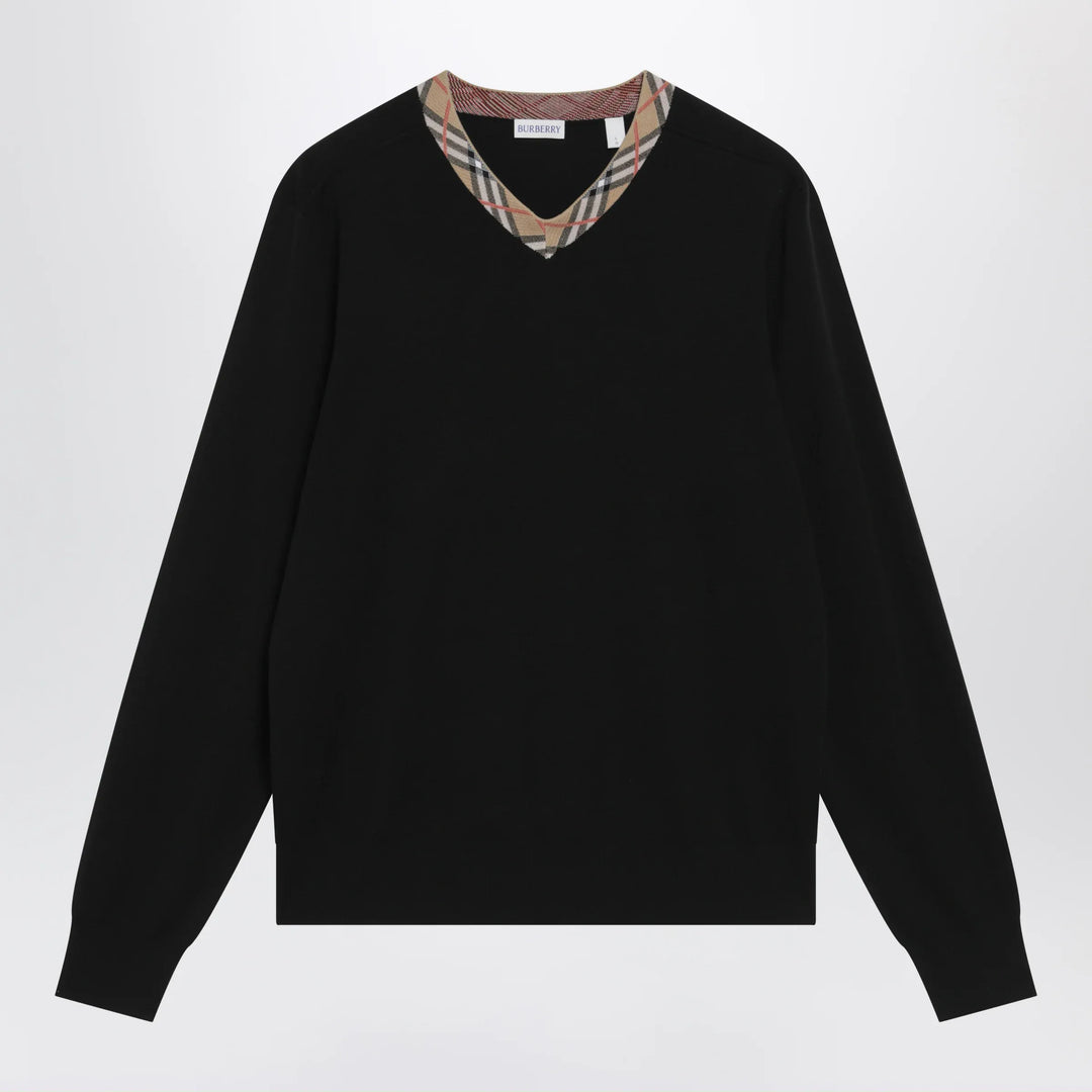 Burberry - Black wool sweater with Check motif neckline Brand Apparel &amp; Accessories > Clothing > Shirts &amp; Tops S