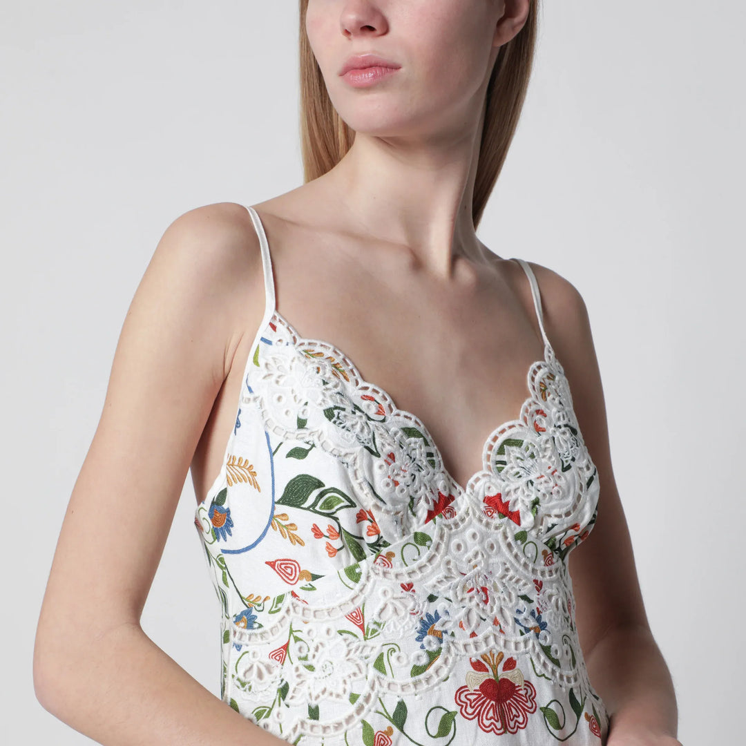 FARM Rio - White midi dress in linen with garden motif Brand Apparel &amp; Accessories